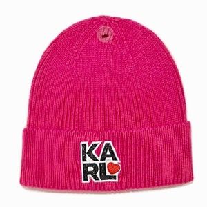 Karl Lagerfeld Rib Knit Heather Pink Logo Patch Hat NWT